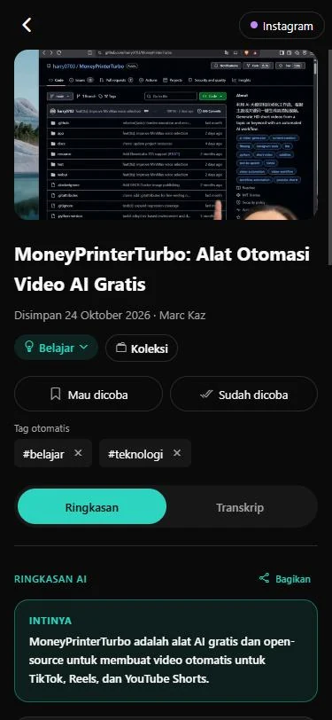 Layar catatan di Memolyz: judul video, kategori Belajar, tag, lalu ringkasan AI dengan intinya.