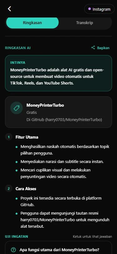 Ringkasan AI: intinya, detail alat yang dibahas, poin fitur utama dan cara akses, lalu pertanyaan uji ingatan.