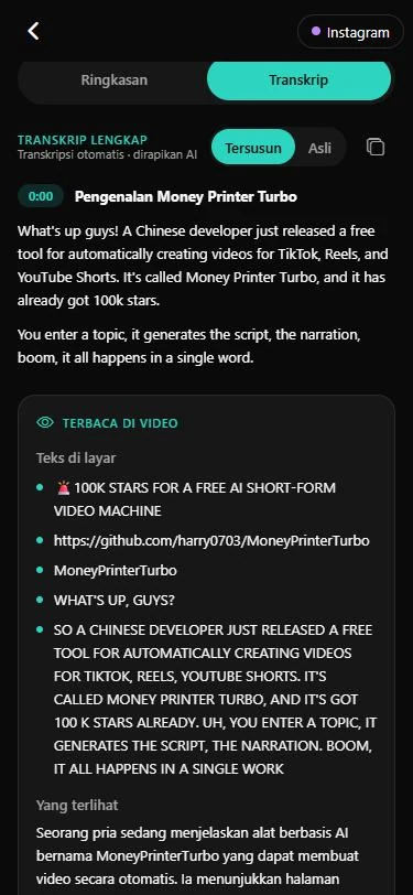 Transkrip lengkap per bab dengan waktu, ditambah teks yang terbaca di layar video.